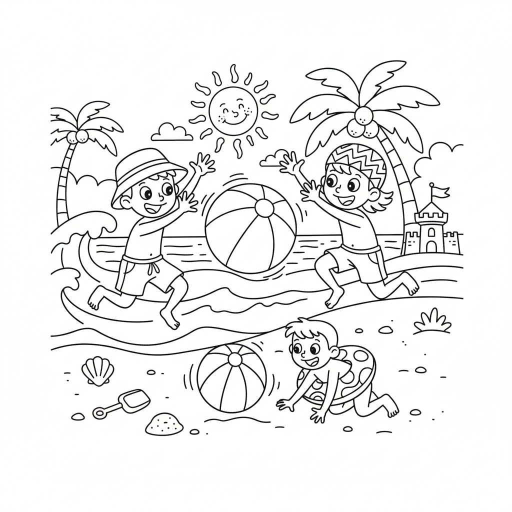 Dzieci bawiące się kolorową piłką plażową nad oceanem, kolorowanka dla dzieci, czarne kontury, białe tło.