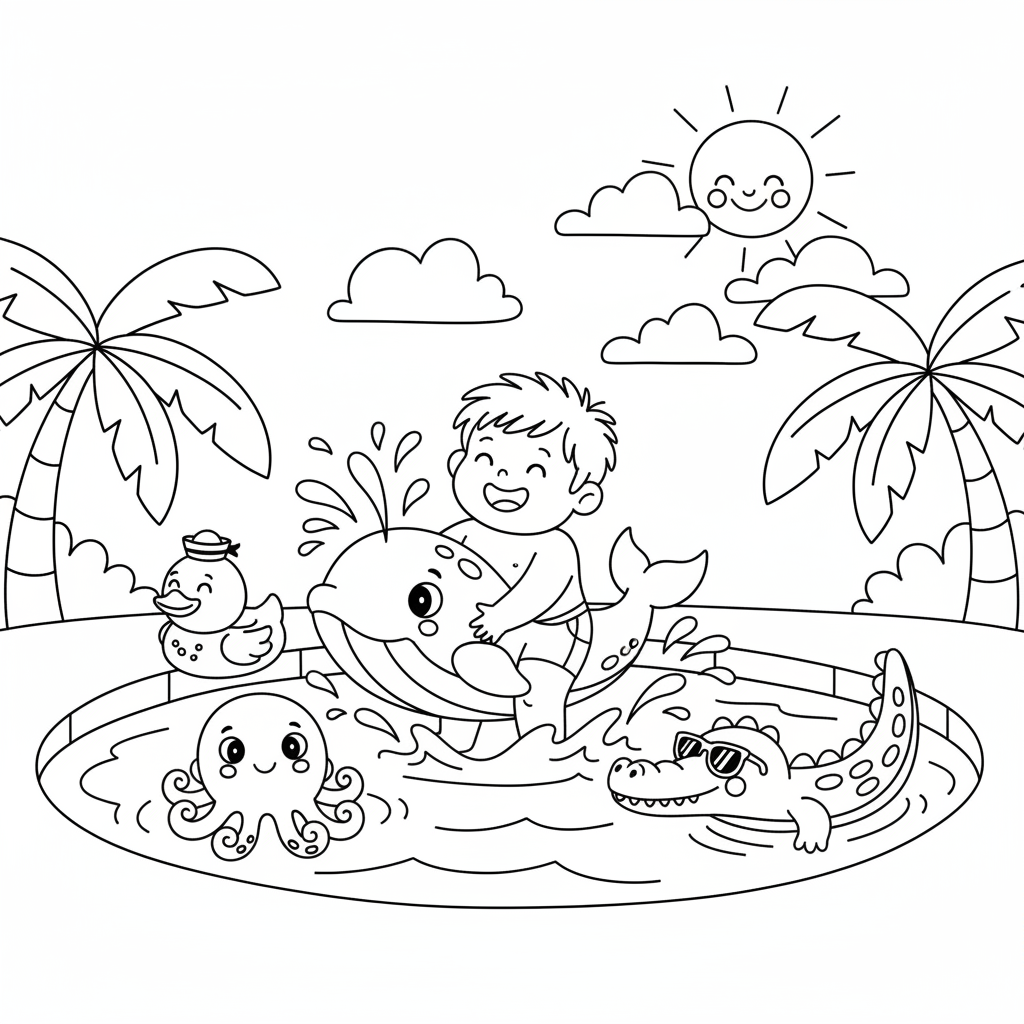 Dziecko pluskające się w basenie z dmuchanymi zabawkami, kolorowanka dla dzieci, czarne kontury, białe tło.