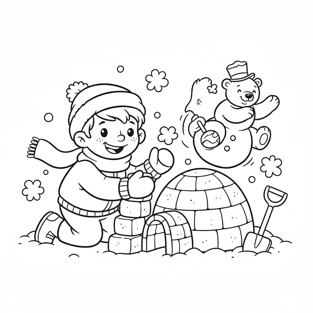 Dziecko budujące miniaturowe igloo w śniegu, kolorowanka dla dzieci, czarne kontury, białe tło.