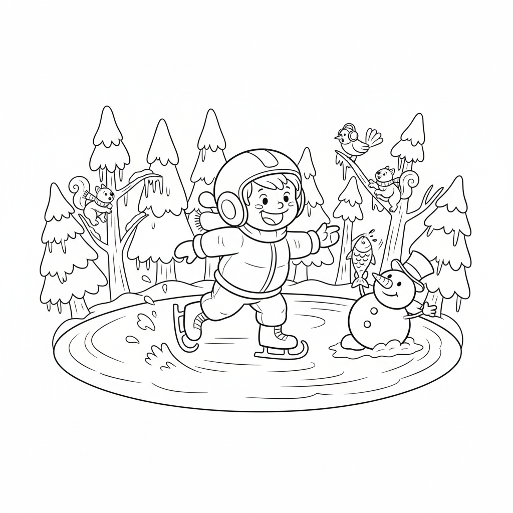 Dziecko jeżdżące na łyżwach po zamarzniętym stawie, otoczone ośnieżonymi drzewami, kolorowanka dla dzieci, czarne ...