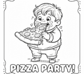 Dziecko jedzące duży kawałek pizzy do kolorowania