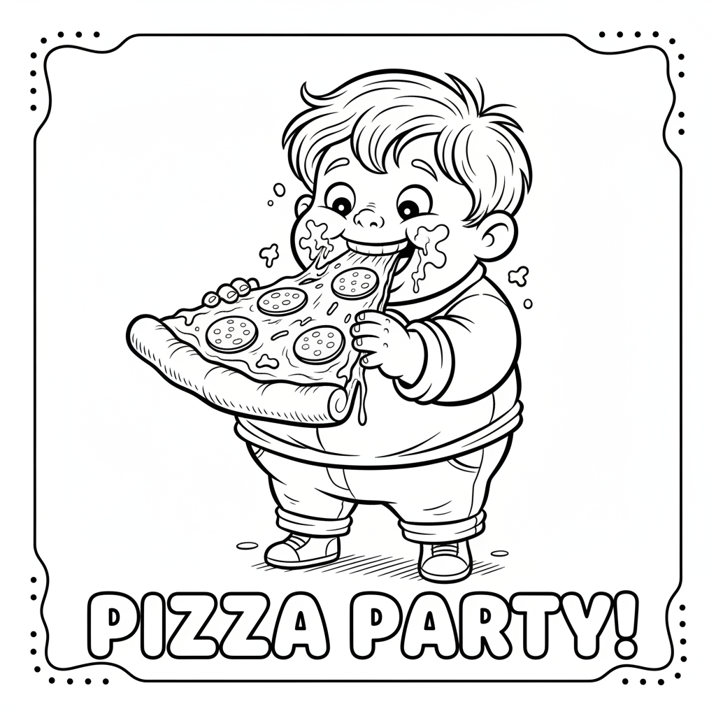 Dziecko jedzące duży kawałek pizzy do kolorowania