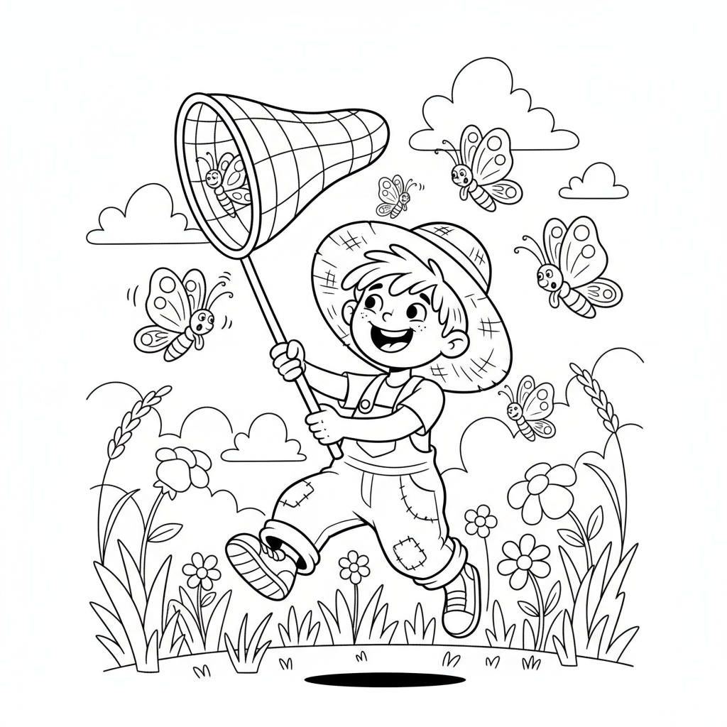 Dziecko łapiące motyle siatką na letniej łące, kolorowanka dla dzieci, czarne kontury, białe tło.
