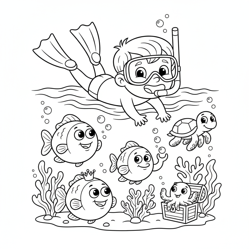 Dziecko nurkujące i obserwujące kolorowe ryby pod wodą, kolorowanka dla dzieci, czarne kontury, białe tło.