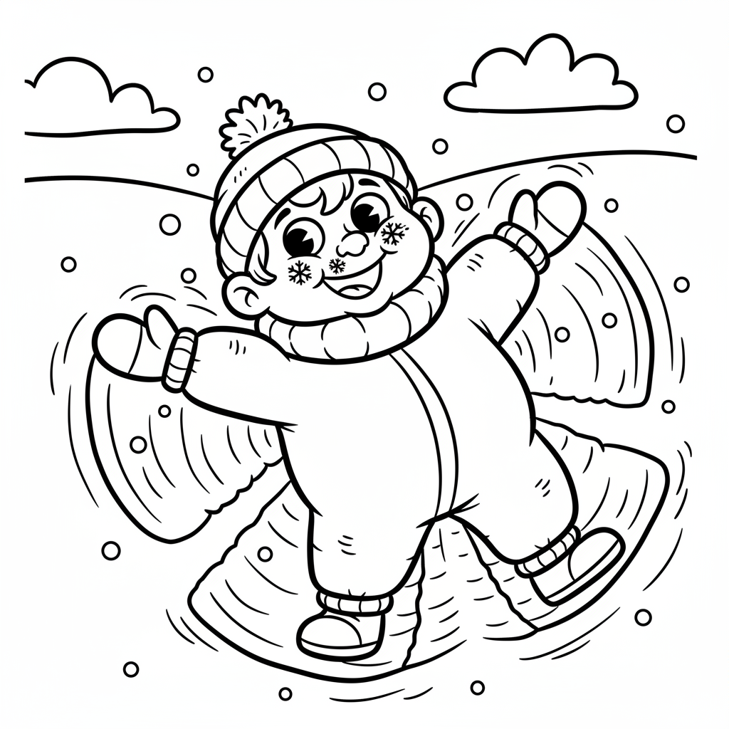 Dziecko ubrane w zimowe ubrania, robiące aniołka na śniegu, kolorowanka dla dzieci, czarne kontury, białe tło.