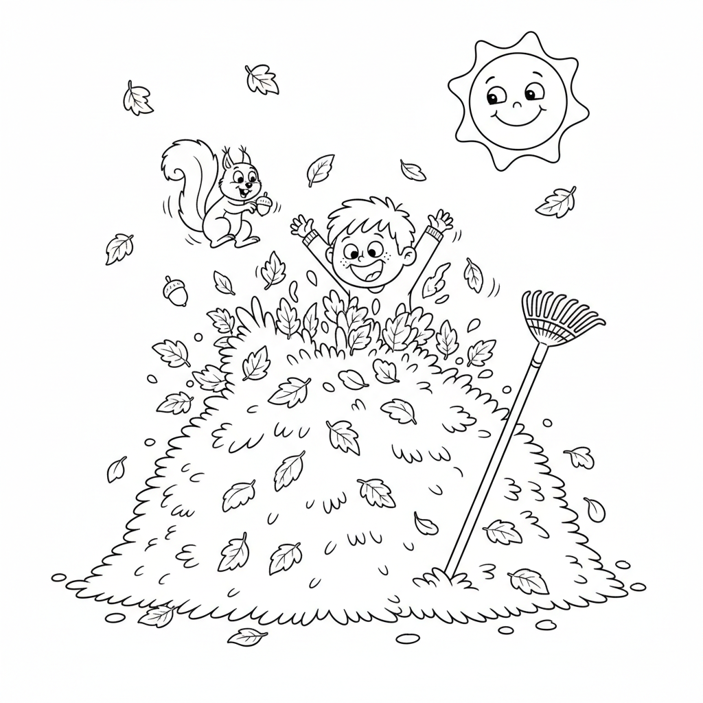 Dziecko skaczące do dużej sterty zgrabionych liści, kolorowanka dla dzieci, czarne kontury, białe tło.