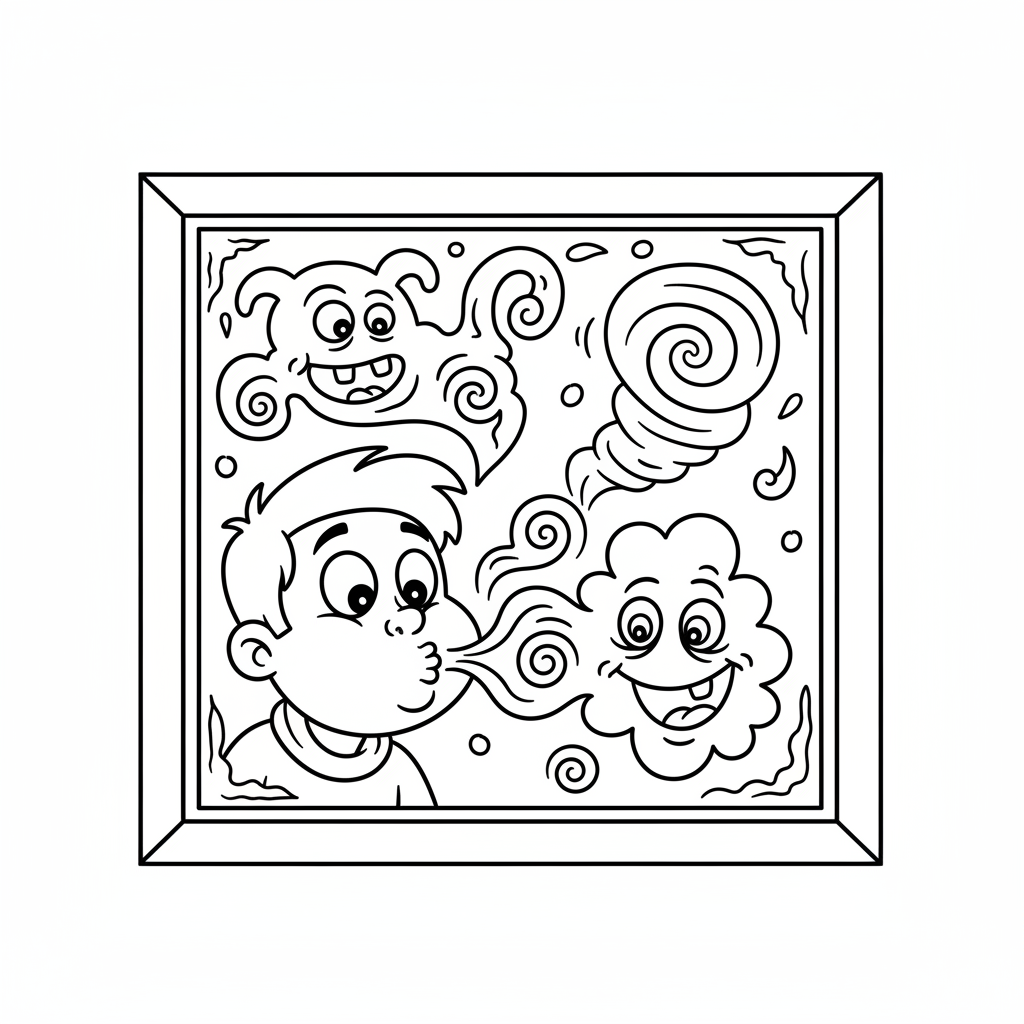 Dziecko dmuchające ciepłym oddechem na oszronioną szybę, tworzące kształty, kolorowanka dla dzieci, czarne kontury, ...