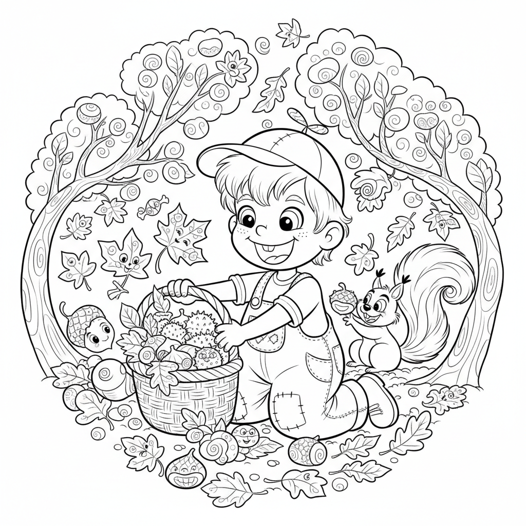 Dziecko zbierające kasztany i kolorowe liście w lesie, kolorowanka dla dzieci, czarne kontury, białe tło.