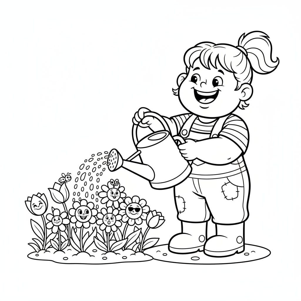 Szczęśliwa mała dziewczynka trzymająca konewkę, podlewająca wiosenne kwiaty, kolorowanka dla dzieci, czarne kontury,...