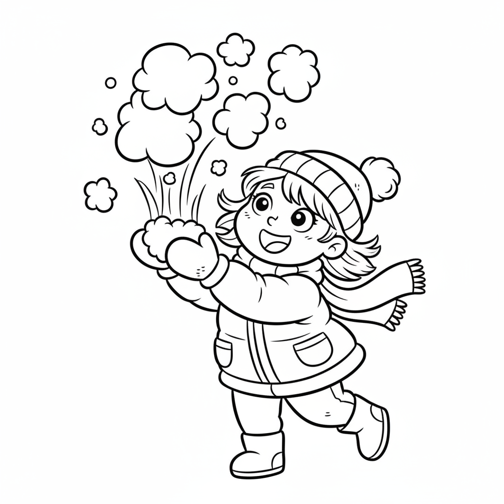 Szczęśliwa mała dziewczynka rzucająca garścią śniegu w powietrze, kolorowanka dla dzieci, czarne kontury, białe tło.