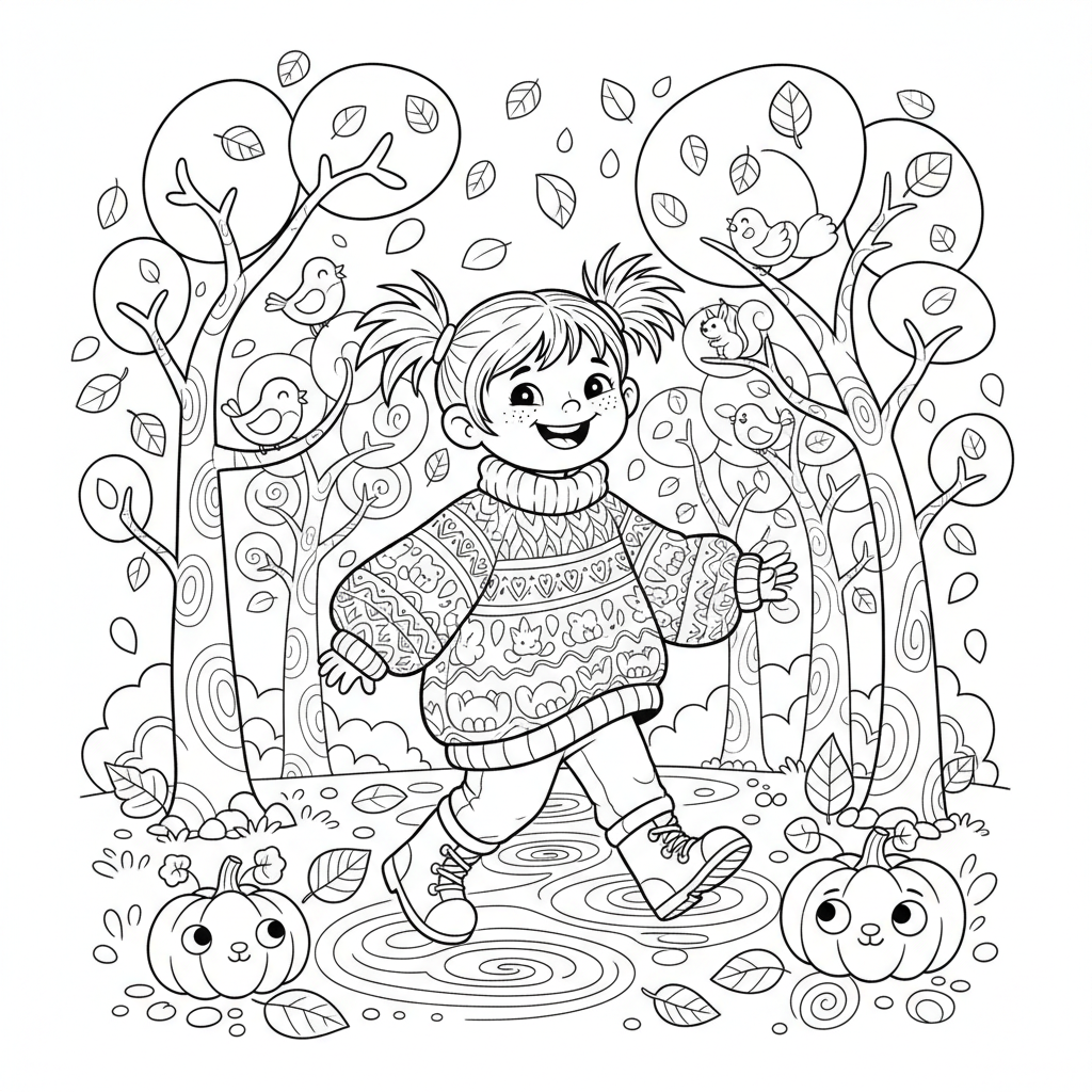 Szczęśliwa mała dziewczynka w ciepłym swetrze i butach, spacerująca po parku z kolorowymi drzewami, kolorowanka dla d...