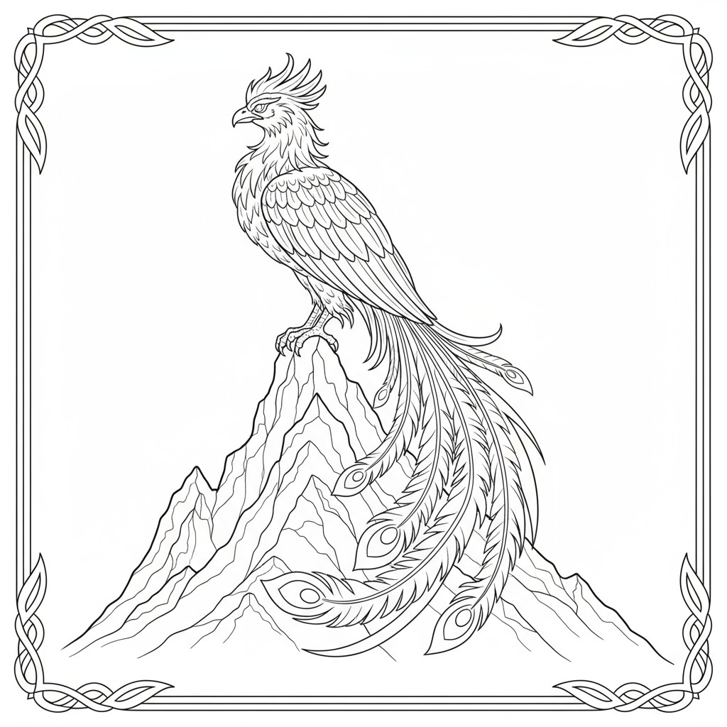 Feniks siedzący na szczycie góry do kolorowania