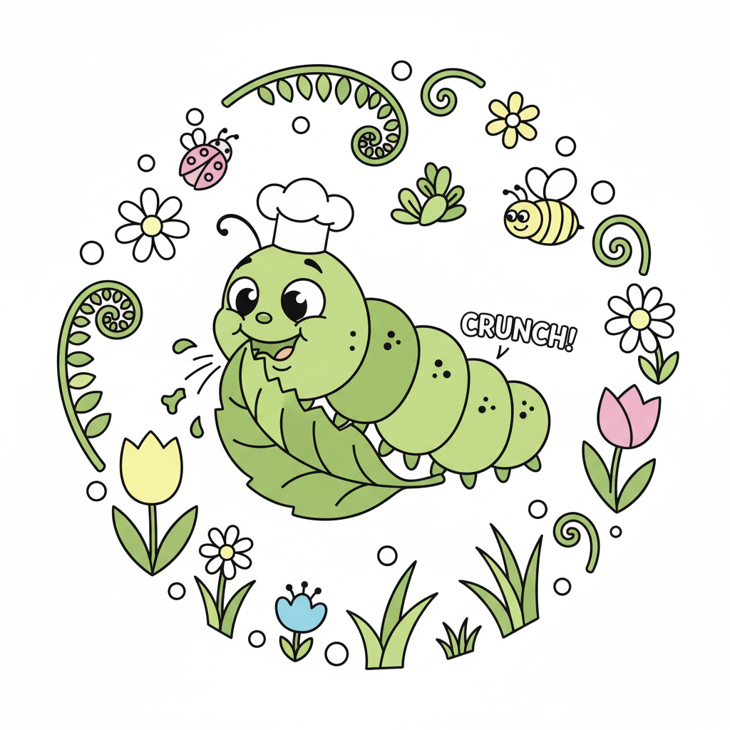 Urocza gąsienica żerująca na liściu, otoczona wiosenną roślinnością, kolorowanka dla dzieci, czarne kontury, biał...