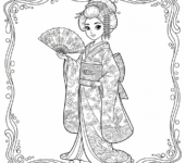 Gejsza w tradycyjnym kimonie z wachlarzem do kolorowania