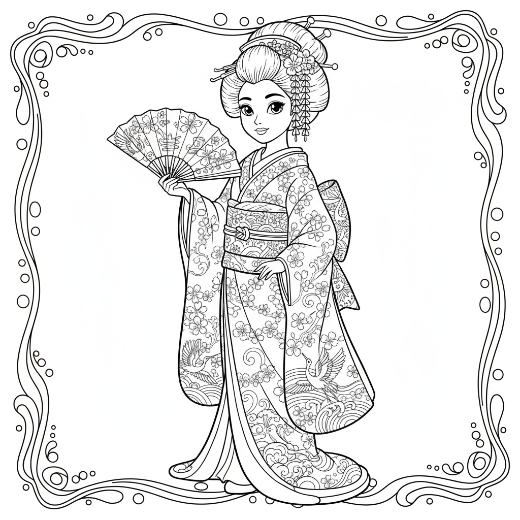 Gejsza w tradycyjnym kimonie z wachlarzem do kolorowania