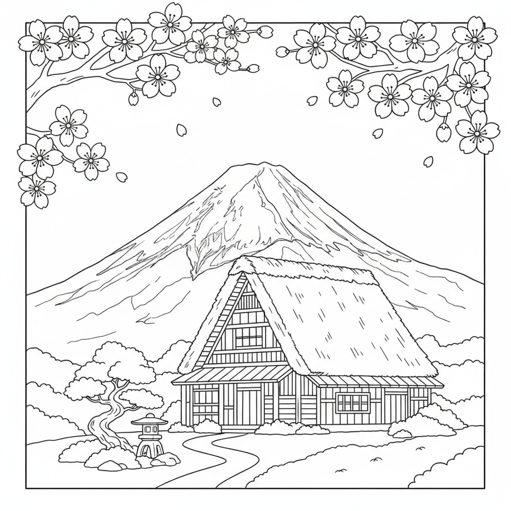 Góra Fuji z tradycyjnym japońskim domem do kolorowania