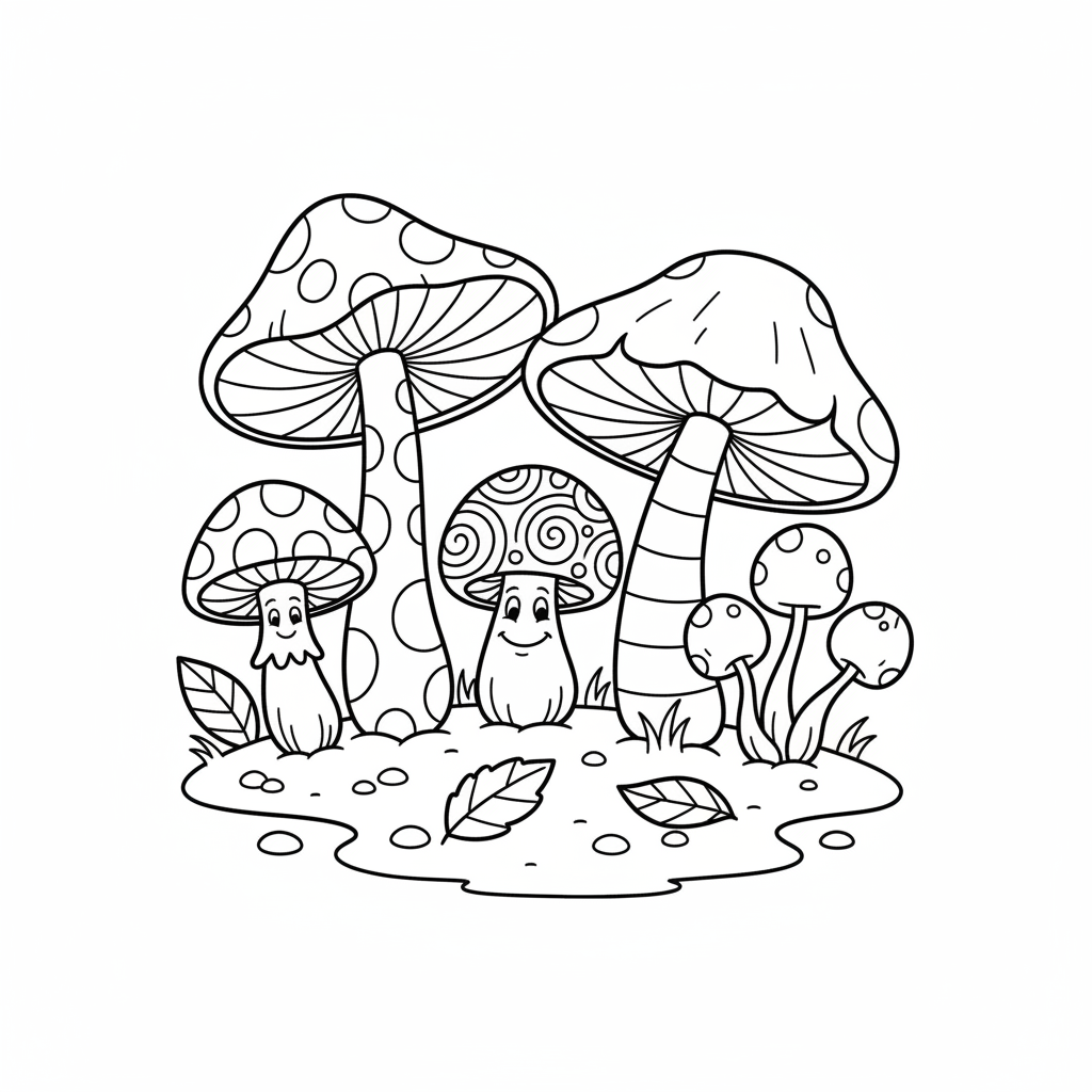 Grupa grzybów o różnych kształtach i rozmiarach w lesie, kolorowanka dla dzieci, czarne kontury, białe tło.