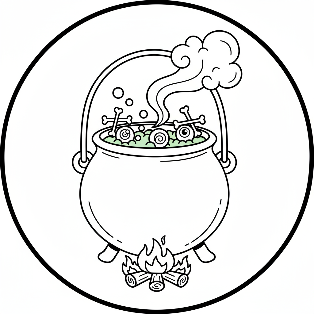 Bulgoczący kocioł z składnikami eliksiru (oczy, kości) i unoszącym się dymem, kolorowanka dla dzieci, czarne kontury...