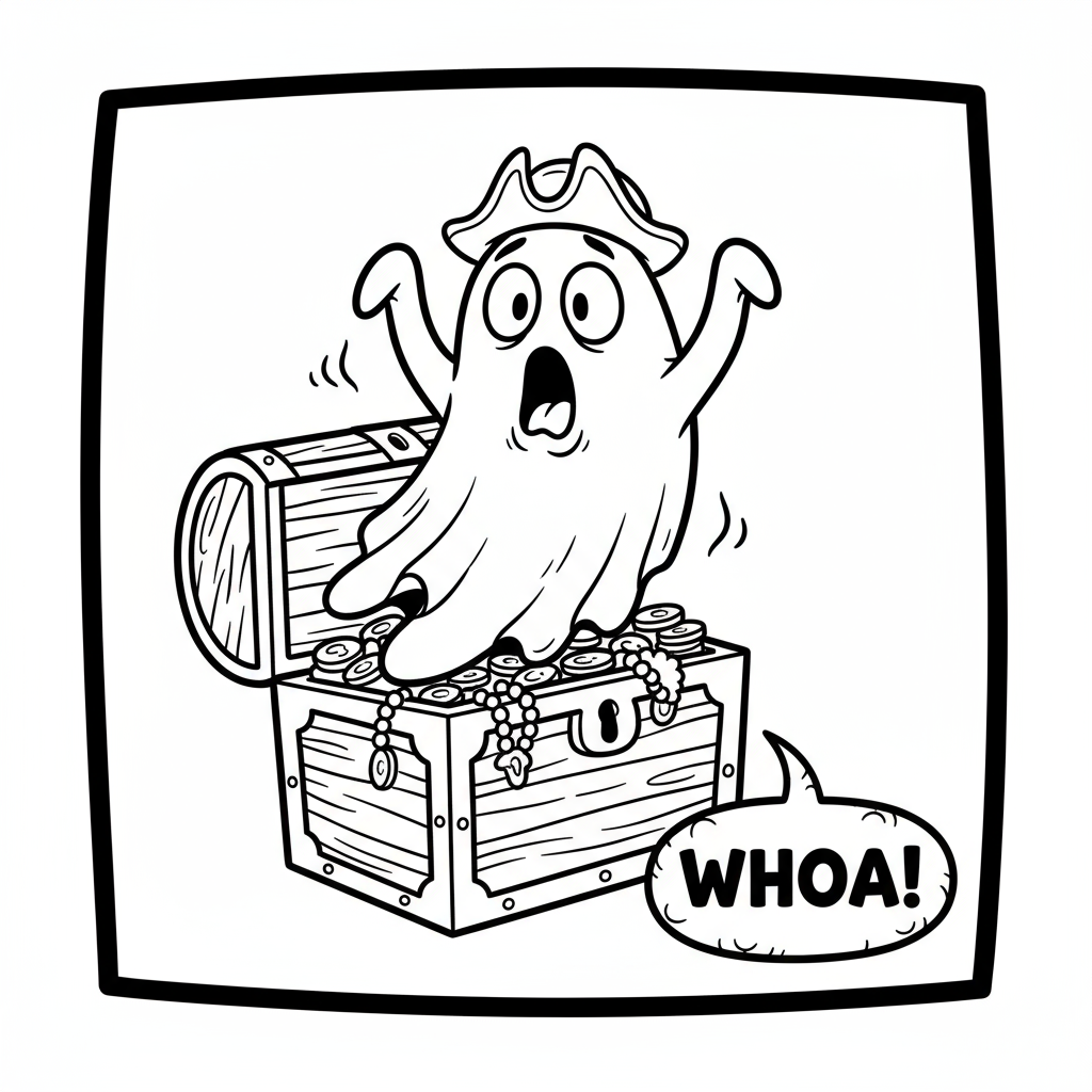 Duch wyłaniający się ze skrzyni, z zaskoczoną miną, kolorowanka dla dzieci, czarne kontury, białe tło.