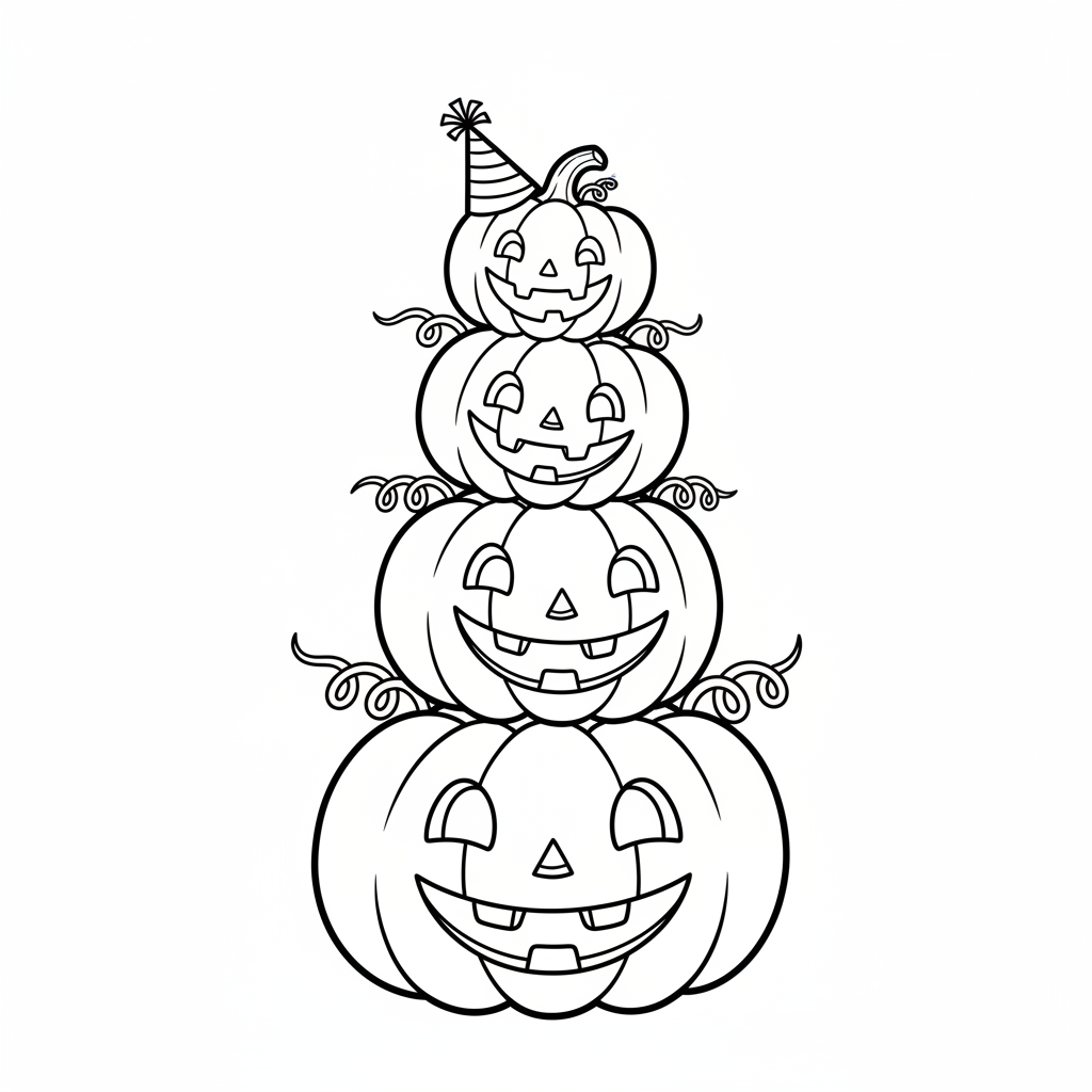 Grupa dyni w różnych rozmiarach, uśmiechniętych i ułożonych w stos, black outline, white background, suitable for ki...