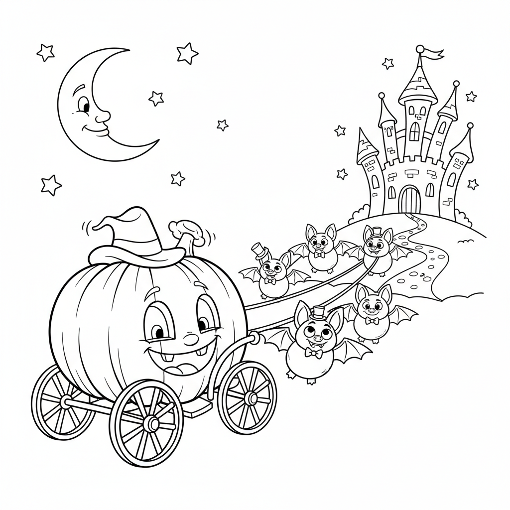Dyniowa kareta ciągnięta przez nietoperze, zmierzająca w kierunku zamku, kolorowanka dla dzieci, czarne kontury, białe...