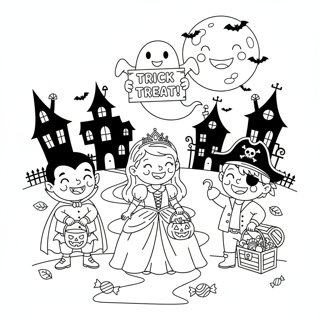 Dzieci w różnych kostiumach Halloween (wampir, księżniczka, pirat) zbierające cukierki, kolorowanka dla dzieci, czarn...