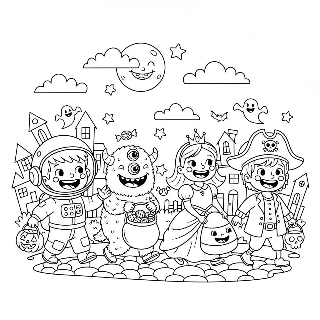 Grupa szczęśliwych dzieci zbierających cukierki, idących ulicą, niosących wiadra na słodycze, kolorowanka dla dziec...