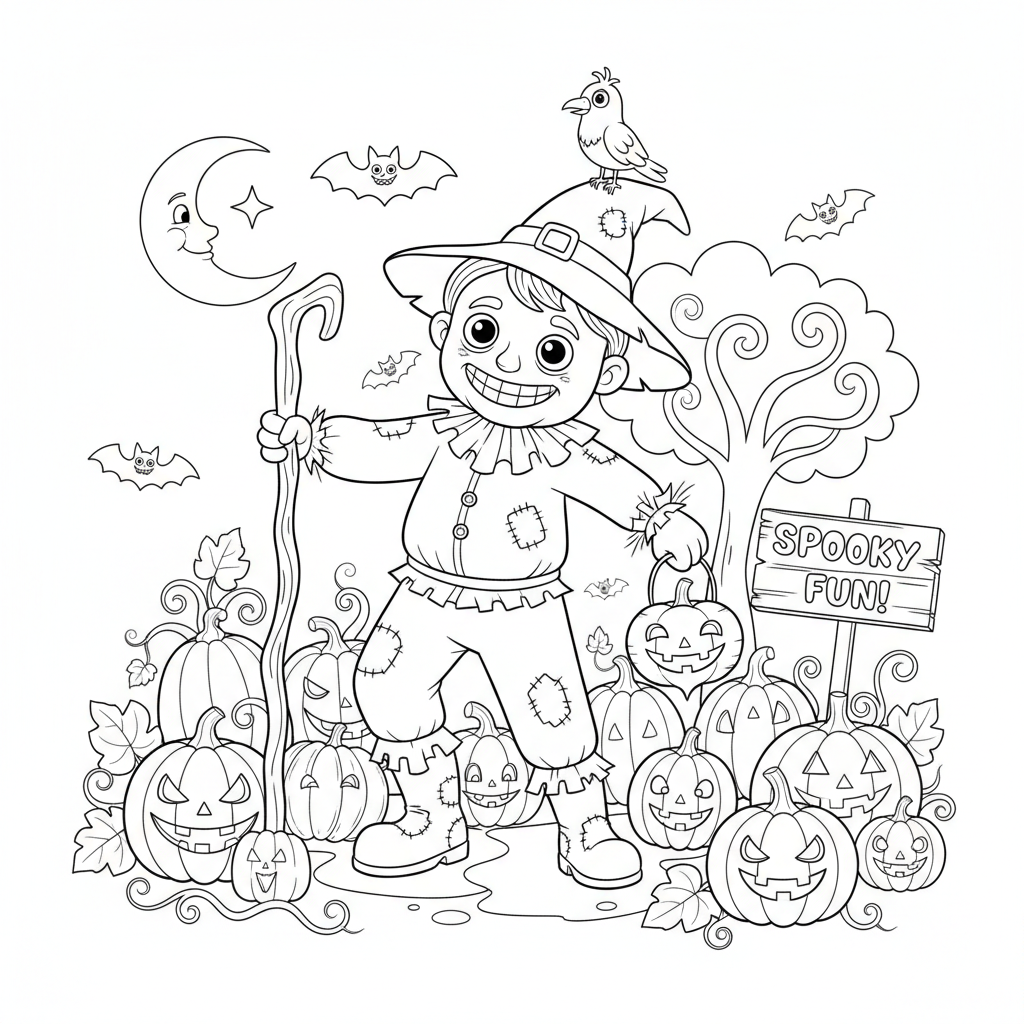 Dziecko przebrane za strasznego stracha na wróble w dyniowym polu, kolorowanka dla dzieci, czarne kontury, białe tło.