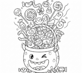 Koszyk na cukierki przepełniony słodyczami, kolorowanka dla dzieci, czarne kontury, białe tło.