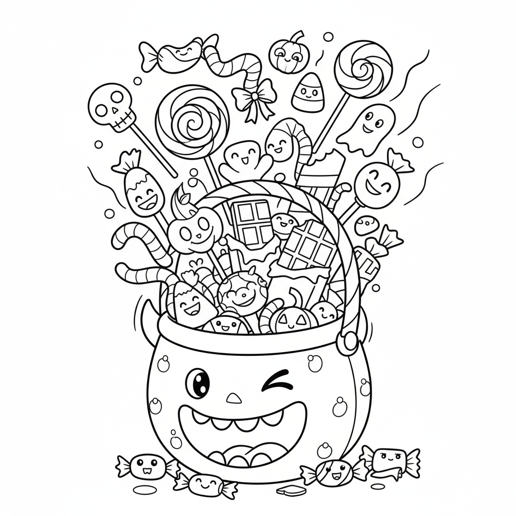 Koszyk na cukierki przepełniony słodyczami, kolorowanka dla dzieci, czarne kontury, białe tło.