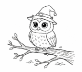 Mała sowa siedząca na gałęzi, w maleńkim kapeluszu wiedźmy, kolorowanka dla dzieci, czarne kontury, białe tło.