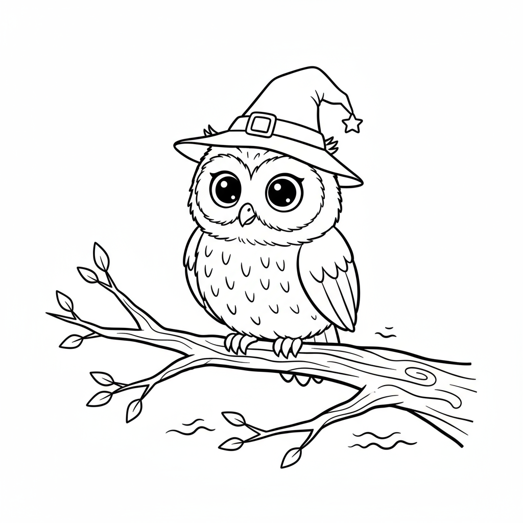 Mała sowa siedząca na gałęzi, w maleńkim kapeluszu wiedźmy, kolorowanka dla dzieci, czarne kontury, białe tło.