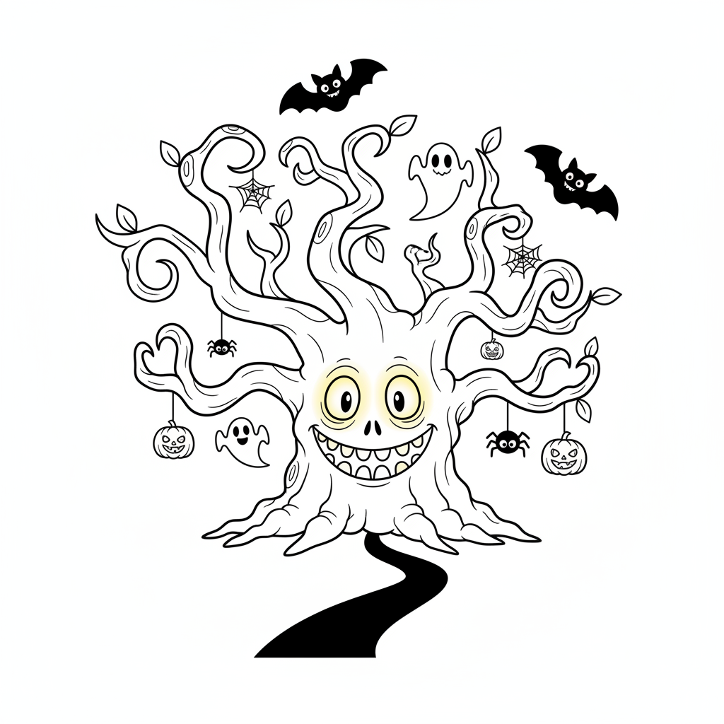 Nawiedzone drzewo ze świecącymi oczami i strasznymi gałęziami, kolorowanka dla dzieci, czarne kontury, białe tło.