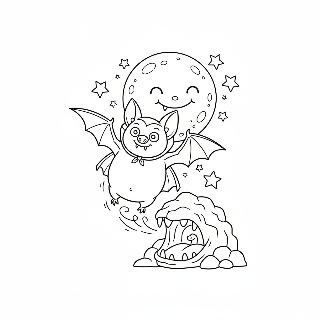 Nietoperz wampir wylatujący z jaskini, z pełnią księżyca i gwiazdami, kolorowanka dla dzieci, czarne kontury, białe ...