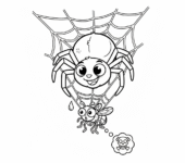 Straszny pająk zwisający ze swojej pajęczyny, z zaskoczoną muchą w pułapce, kolorowanka dla dzieci, czarne kontury, ...