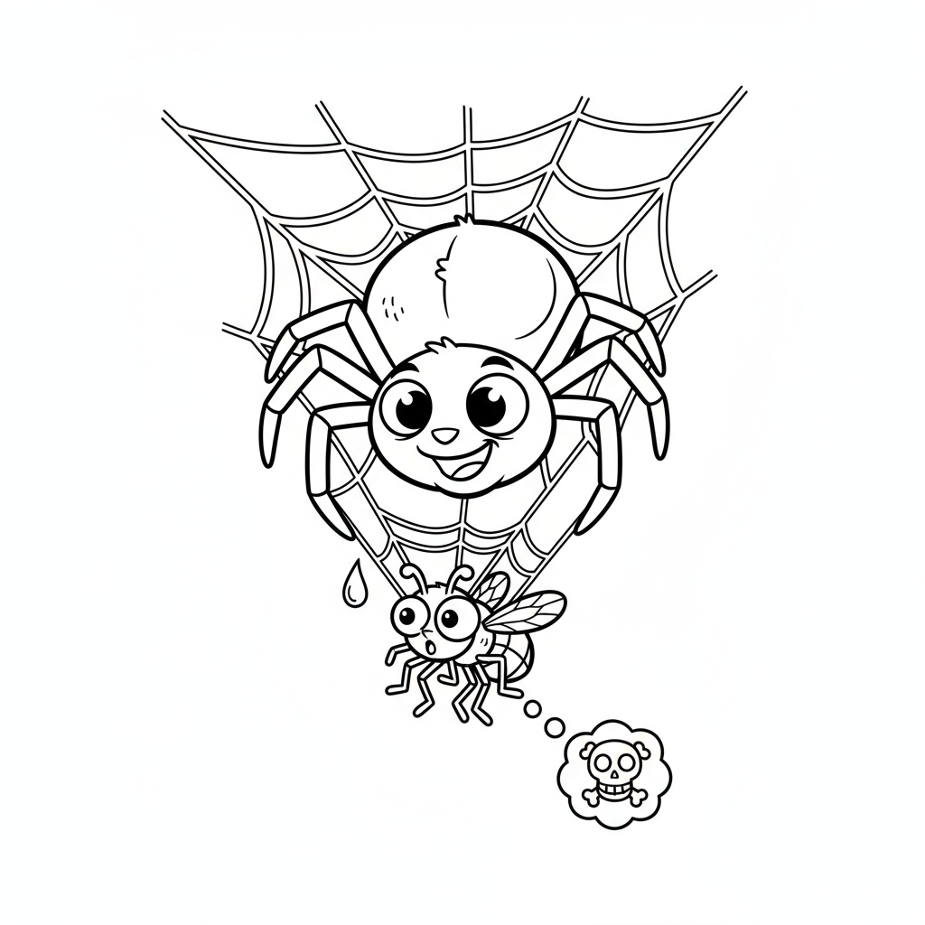 Straszny pająk zwisający ze swojej pajęczyny, z zaskoczoną muchą w pułapce, kolorowanka dla dzieci, czarne kontury, ...