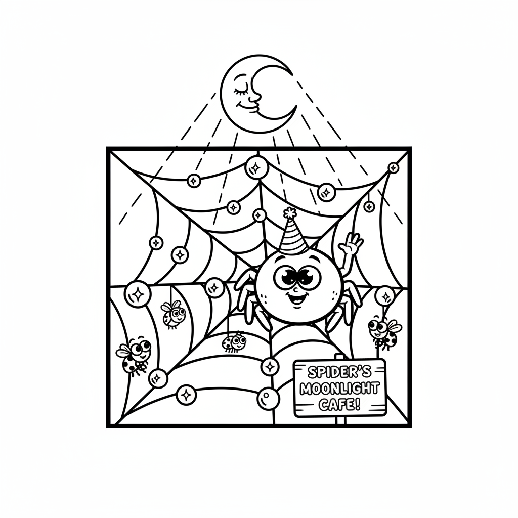 Pajęczyna z kroplami rosy, błyszcząca pod księżycowym niebem, kolorowanka dla dzieci, czarne kontury, białe tło.