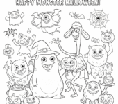 Grupa potworów (przyjaznych, takich jak Blob, Śmieszny potwór) bawiących się na imprezie Halloween, kolorowanka dla d...