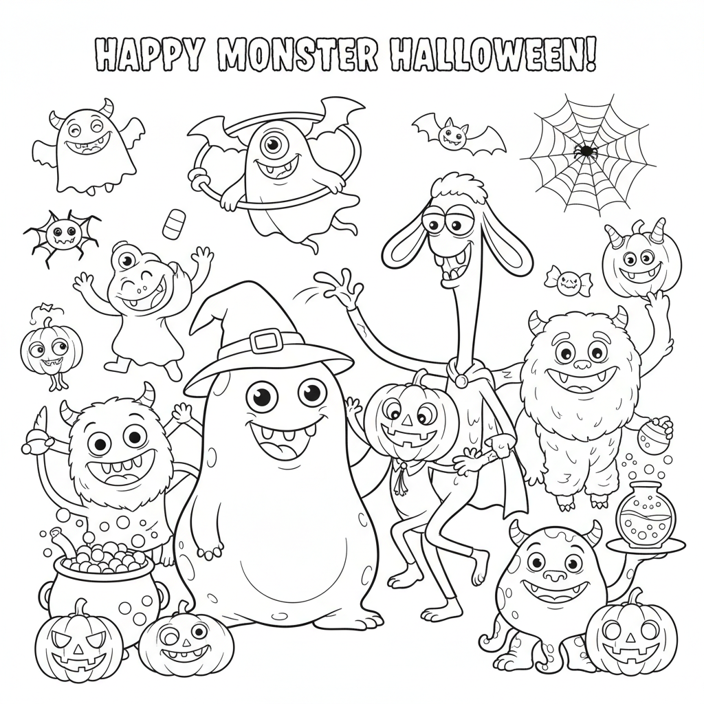 Grupa potworów (przyjaznych, takich jak Blob, Śmieszny potwór) bawiących się na imprezie Halloween, kolorowanka dla d...