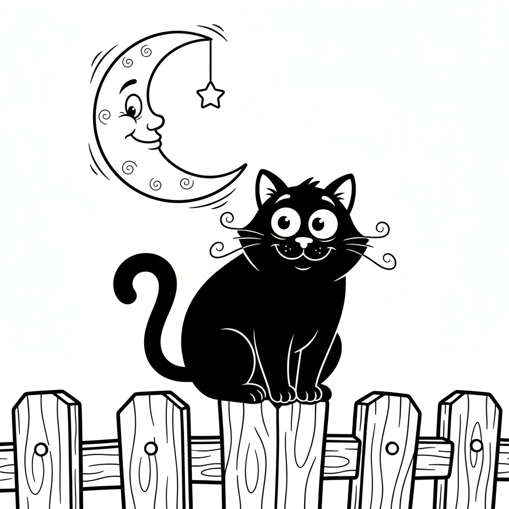Przyjazny czarny kot siedzący na płocie, z półksiężycem w tle, kolorowanka dla dzieci, czarne kontury, białe tło.