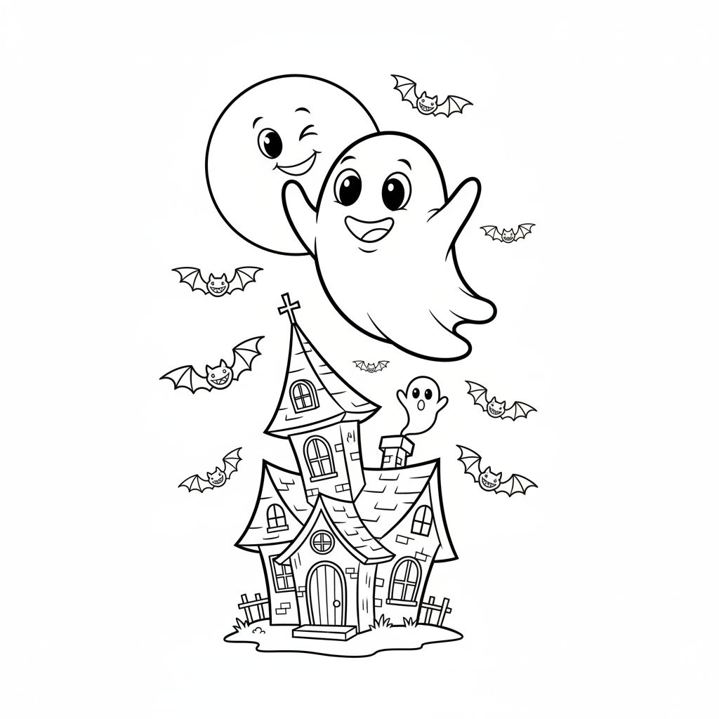 Przyjazny duch latający nad strasznym nawiedzonym domem, z nietoperzami i pełnią księżyca, kolorowanka dla dzieci, cz...