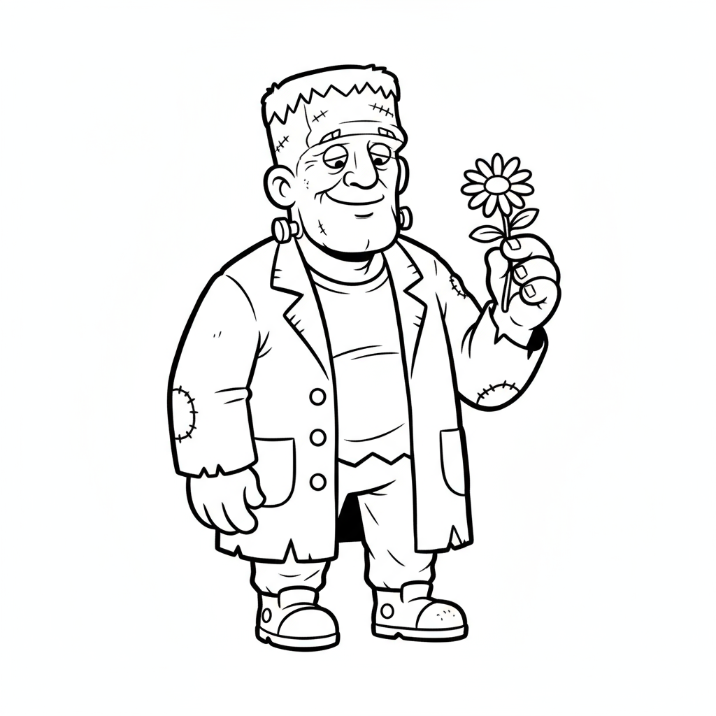 Przyjazny potwór Frankensteina trzymający kwiat, próbujący być delikatny, kolorowanka dla dzieci, czarne kontury, bia...