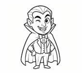 Przyjazny wampir z peleryną i kłami, mrugający, kolorowanka dla dzieci, czarne kontury, białe tło.