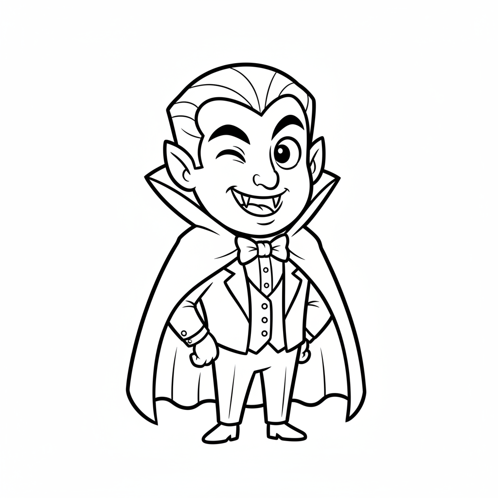 Przyjazny wampir z peleryną i kłami, mrugający, kolorowanka dla dzieci, czarne kontury, białe tło.