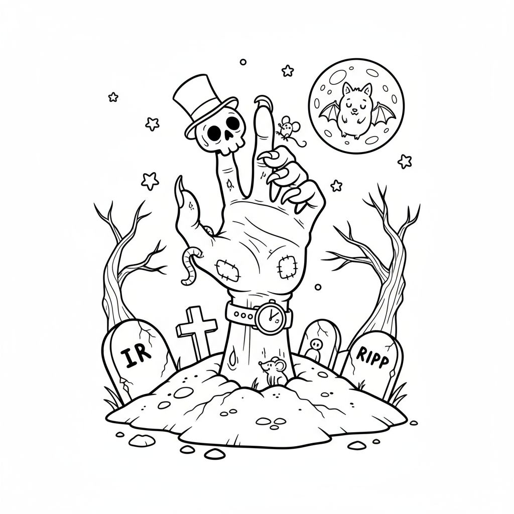 Ręka zombie wyciągająca się z ziemi na cmentarzu, kolorowanka dla dzieci, czarne kontury, białe tło.