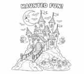 Straszny nawiedzony zamek na wzgórzu, z mostem zwodzonym i wieżami, kolorowanka dla dzieci, czarne kontury, białe tło.