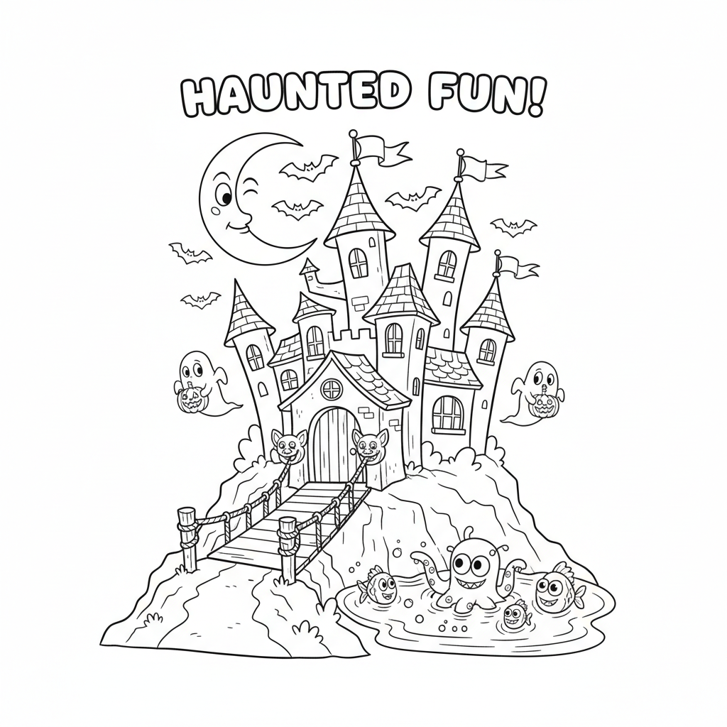 Straszny nawiedzony zamek na wzgórzu, z mostem zwodzonym i wieżami, kolorowanka dla dzieci, czarne kontury, białe tło.