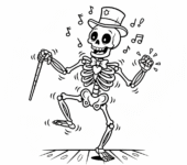 Rozbawiony szkielet tańczący, ze stukającymi kośćmi, kolorowanka dla dzieci, czarne kontury, białe tło.