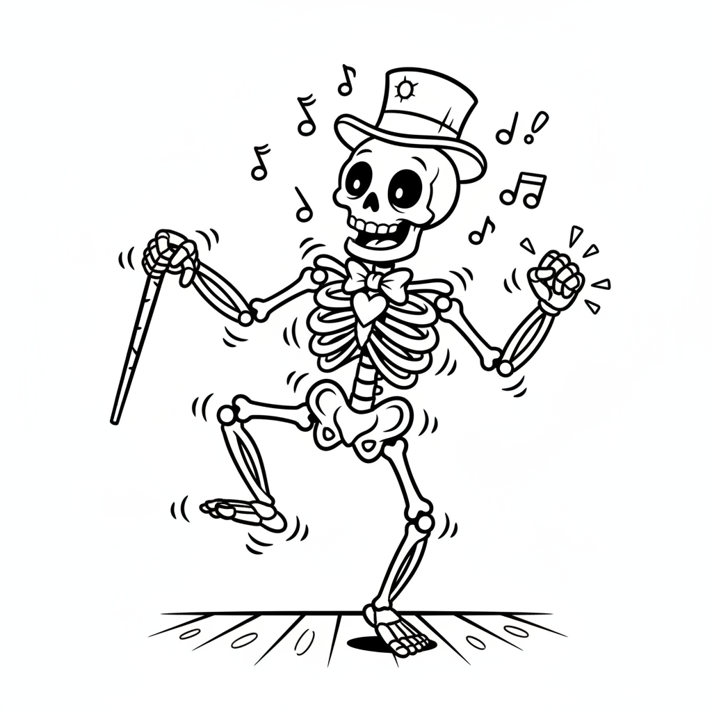 Rozbawiony szkielet tańczący, ze stukającymi kośćmi, kolorowanka dla dzieci, czarne kontury, białe tło.