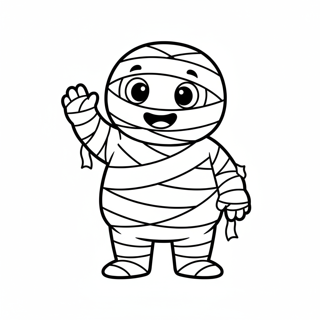 Urocza mumia owinięta bandażami, machająca na powitanie, kolorowanka dla dzieci, czarne kontury, białe tło.